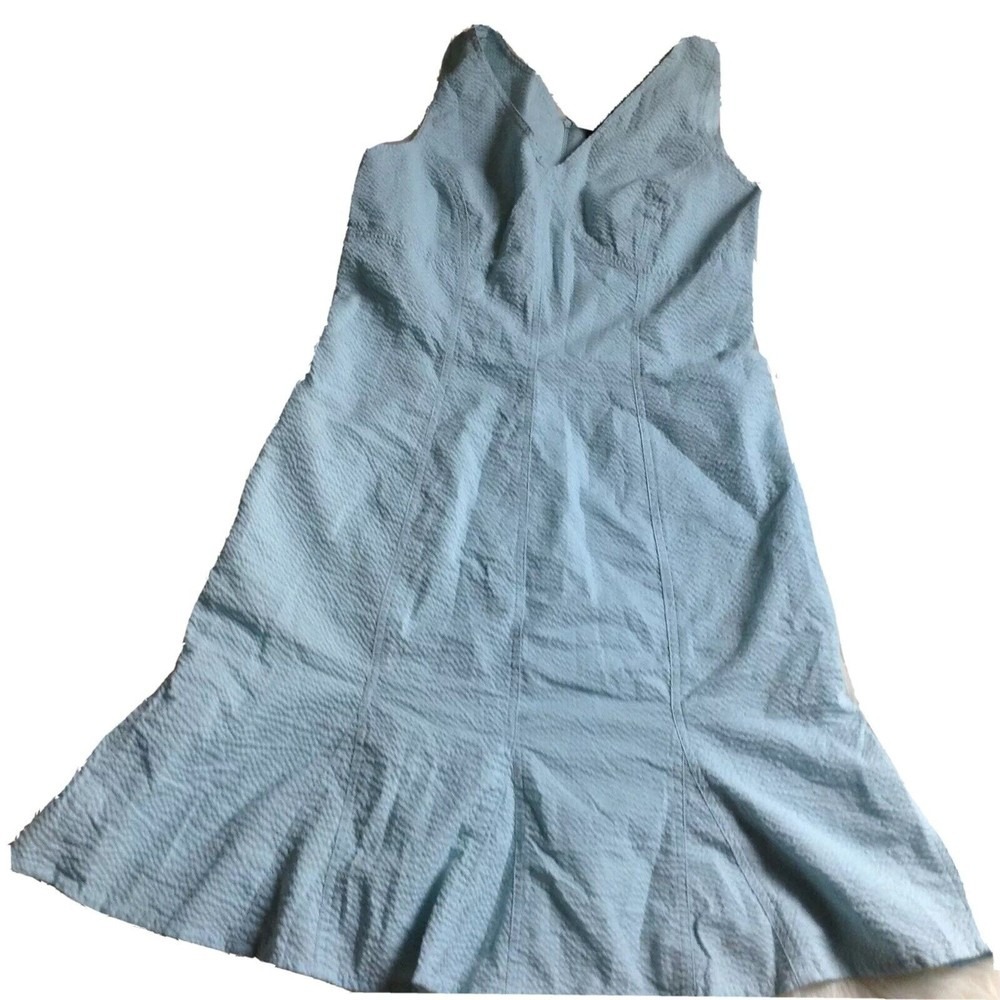Saint‎ Tropez West Light Blue Seersucker Sleeveless V-Neck Midi Dress Womens 8